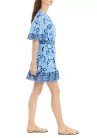 Women's Belted Ruffle Hem Printed Shirtdress