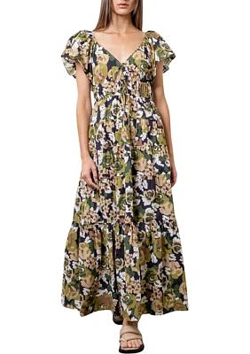 Women's Floral Printed V-Neck Shirred Front Midi Dress