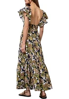 Women's Floral Printed V-Neck Shirred Front Midi Dress