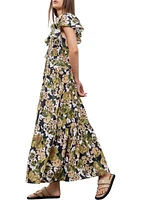 Women's Floral Printed V-Neck Shirred Front Midi Dress