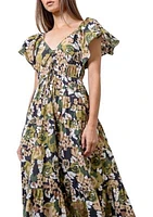 Women's Floral Printed V-Neck Shirred Front Midi Dress