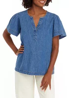 Petite Flare Sleeve Denim Popover Top