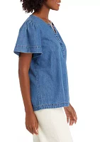 Petite Flare Sleeve Denim Popover Top