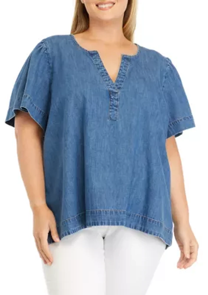 Plus Flare Sleeve Denim Popover Top