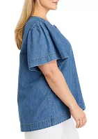 Plus Flare Sleeve Denim Popover Top