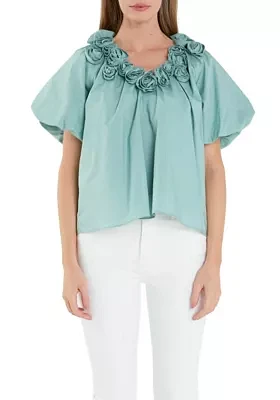 Flower Neckline Puff Sleeve Top