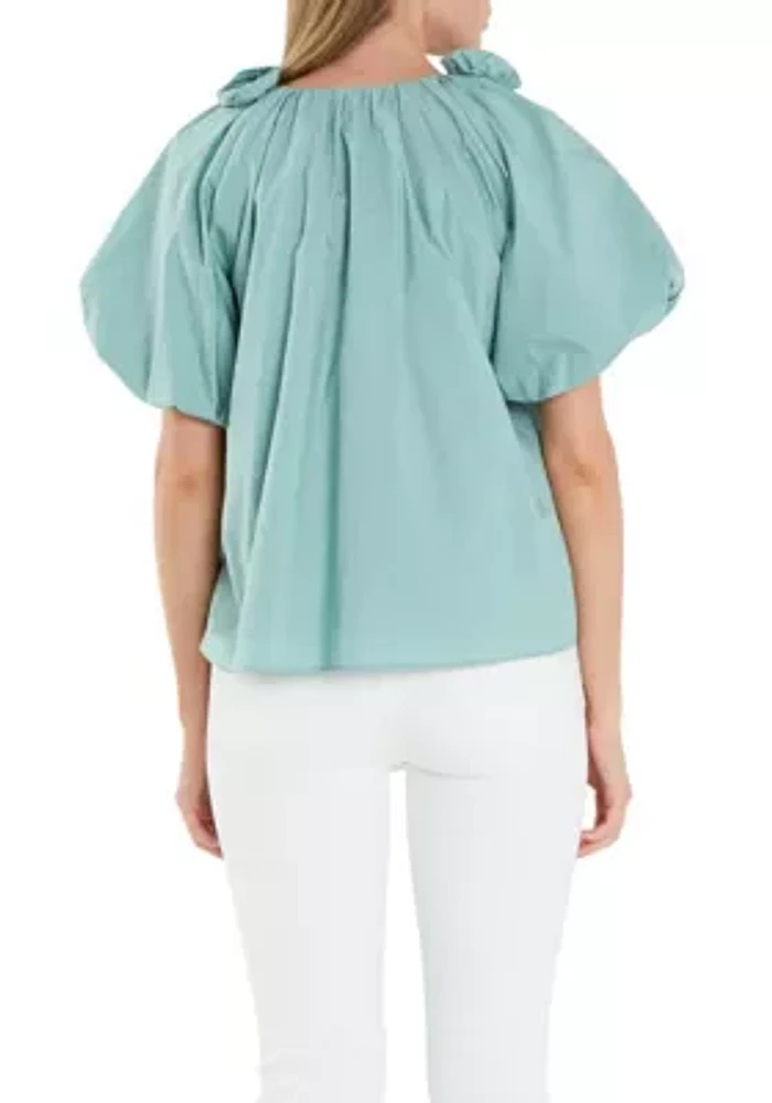 Flower Neckline Puff Sleeve Top