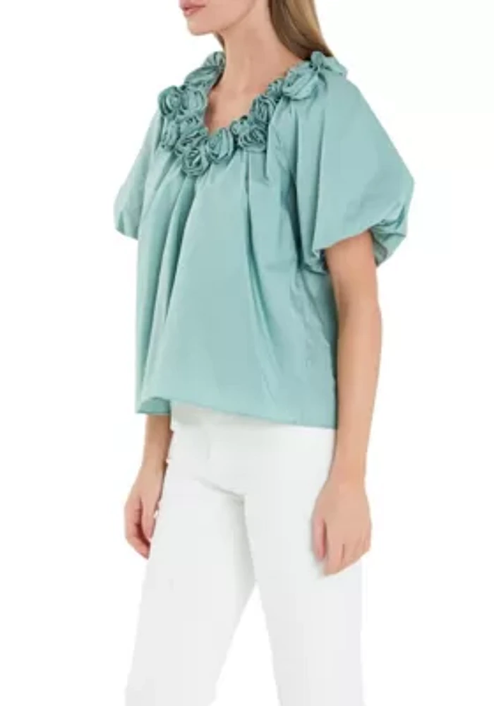 Flower Neckline Puff Sleeve Top