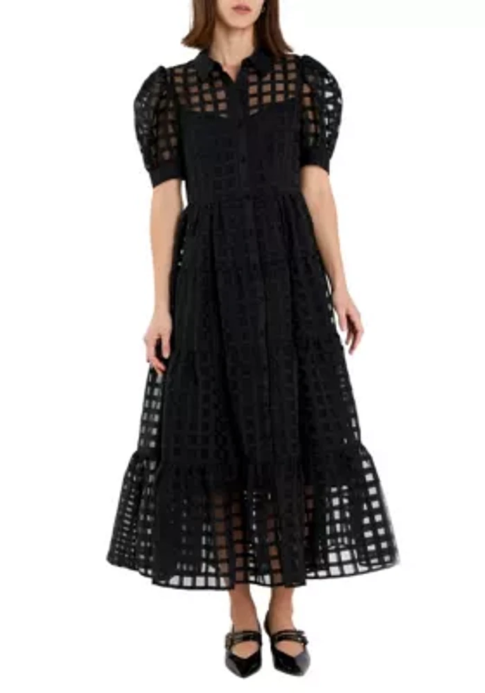 Gridded Organza Tiered Maxi Dress