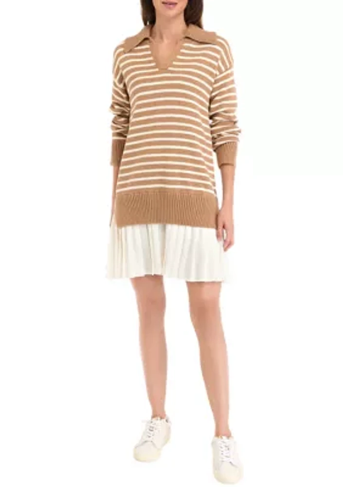 Women's Striped Mixed Media Pleated Dress