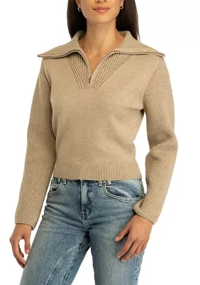 Women's Ribbed Contrast Zip Up Sweater