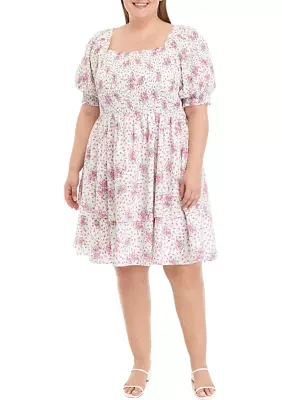 Plus Printed Tiered Smocked Square Neck Mini Dress