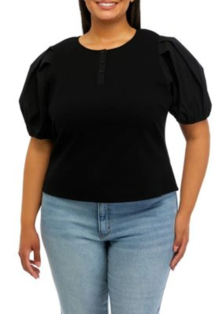 Plus Puff Sleeve Mixed Media Henley Top