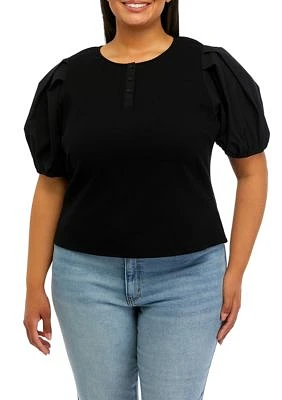 Plus Puff Sleeve Mixed Media Henley Top