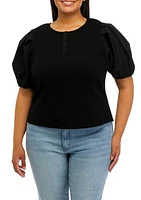 Plus Puff Sleeve Mixed Media Henley Top