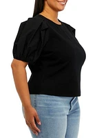 Plus Puff Sleeve Mixed Media Henley Top