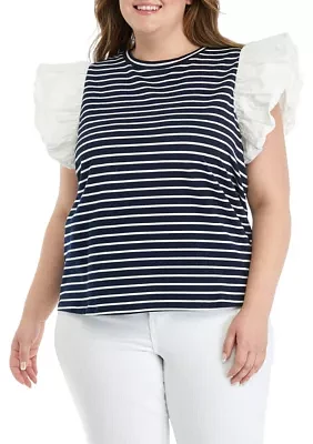 Plus Stripe Knit Top with Poplin Puff Sleeves