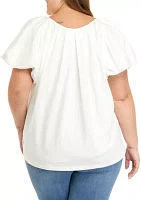 Plus Short Sleeve V-Neck Balloon Top