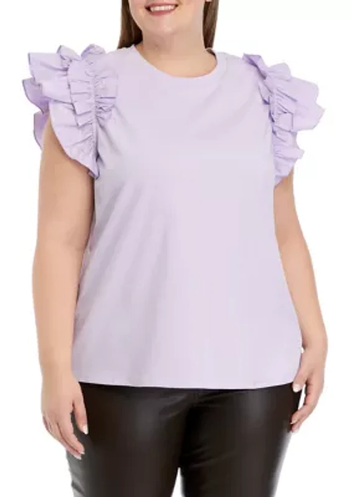 Plus Mixed Media Ruffle Sleeve T-Shirt