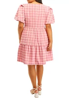 Plus Puff Sleeve Checkered Print Babydoll Dress