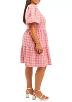 Plus Puff Sleeve Checkered Print Babydoll Dress