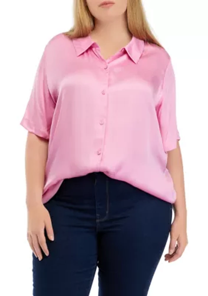 Plus Elbow Sleeve Satin Button Front Shirt