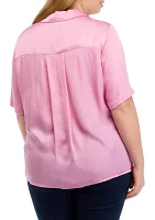 Plus Elbow Sleeve Satin Button Front Shirt