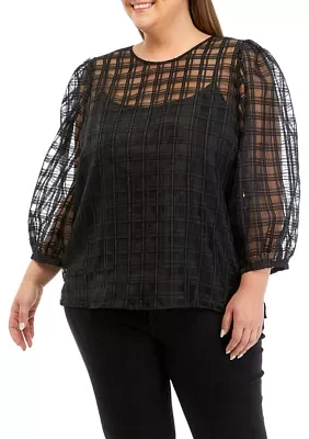 Plus Long Sleeve Plaid Organza Top