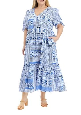 Plus Geometric Print Tiered Midi Dress