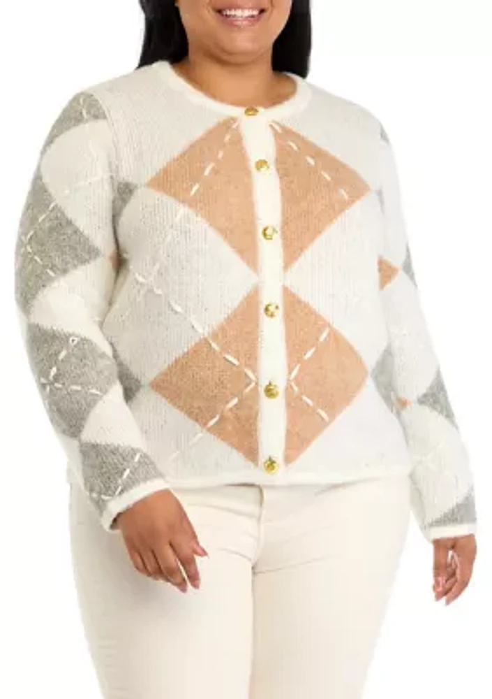 Plus Argyle Long Sleeve Cardigan