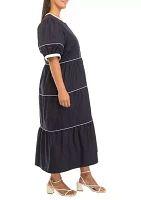 Plus Puff Sleeve Striped Midi Dress with Piping Detail