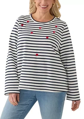 Plus Heart Embroidered Stripe T-Shirt