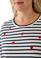 Plus Heart Embroidered Stripe T-Shirt