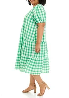 Plus Puff Sleeve Gingham Printed V-Neck Dress