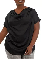 Plus Draped Cowl Neck Satin Front Top