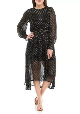 Women's Long Sleeve Metallic Swiss Dot Dress