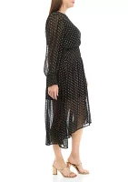 Women's Long Sleeve Metallic Swiss Dot Dress