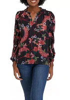 Women's Long Sleeve Printed Split Neck Blouse