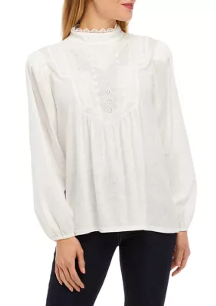 Women's Blouson Sleeve Mock Neck Eyelet Blouse