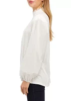 Women's Blouson Sleeve Mock Neck Eyelet Blouse