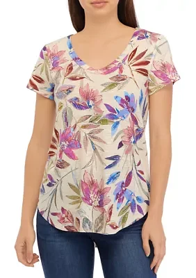 Women's Short Sleeve V-Neck Printed Slub T-Shirt