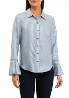 Women's Long Bell Sleeve Striped Button Down Shirt