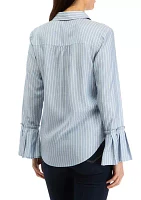 Women's Long Bell Sleeve Striped Button Down Shirt