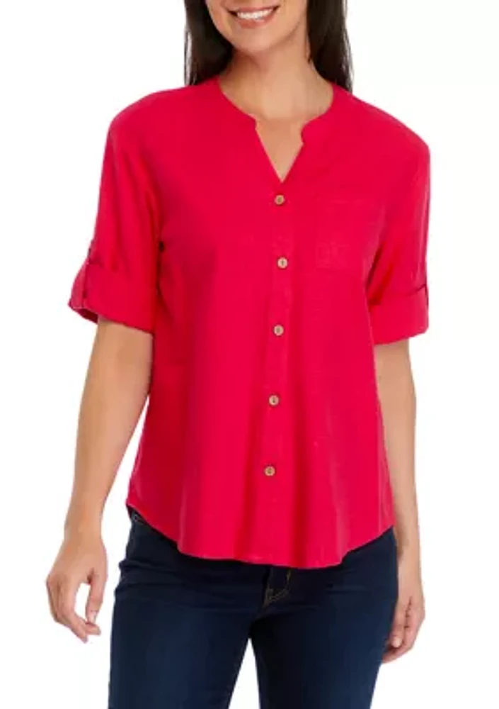 Women's Roll Tab Split Neck Button Front Shirt