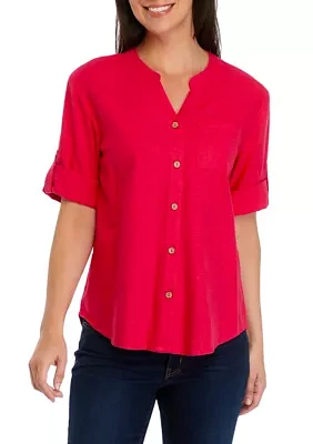 Women's Roll Tab Split Neck Button Front Shirt