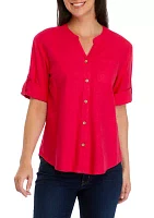 Women's Roll Tab Split Neck Button Front Shirt