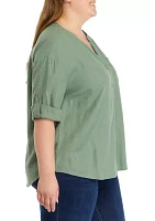 Plus Roll Tab Sleeve Split Neck Top