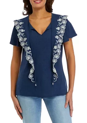 Women's Short Sleeve Embroidered Ruffle Knit Top