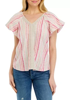 Women's Short Flutter Sleeve Striped Blouse