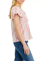 Women's Short Flutter Sleeve Striped Blouse